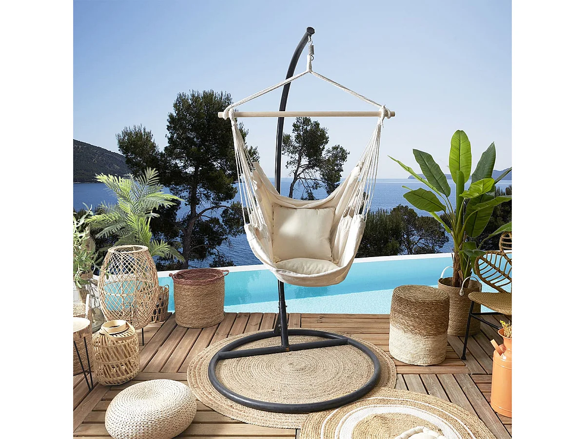 Balancelle 125x98cm en Bois Toile Tissu Beige - USHUAIA