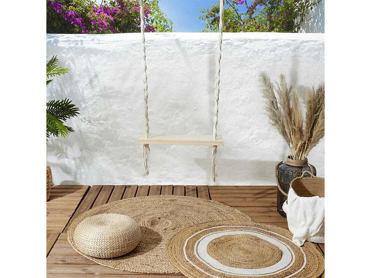 Balançoire en coton tressé macramé et assise pin naturel - ALANIA