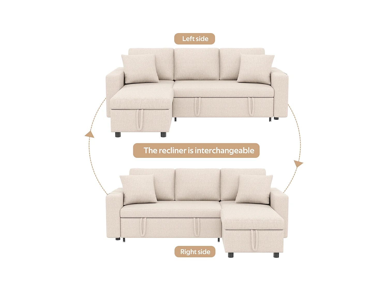 Canapé en L 219.5x142.5x83cm - avec rangement - avec fonction veille - interchangeable gauche et droite - beige