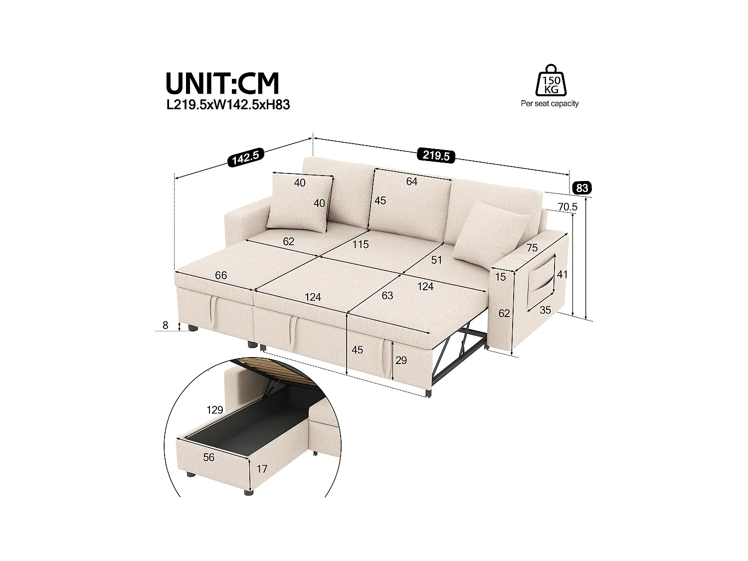 Canapé en L 219.5x142.5x83cm - avec rangement - avec fonction veille - interchangeable gauche et droite - beige