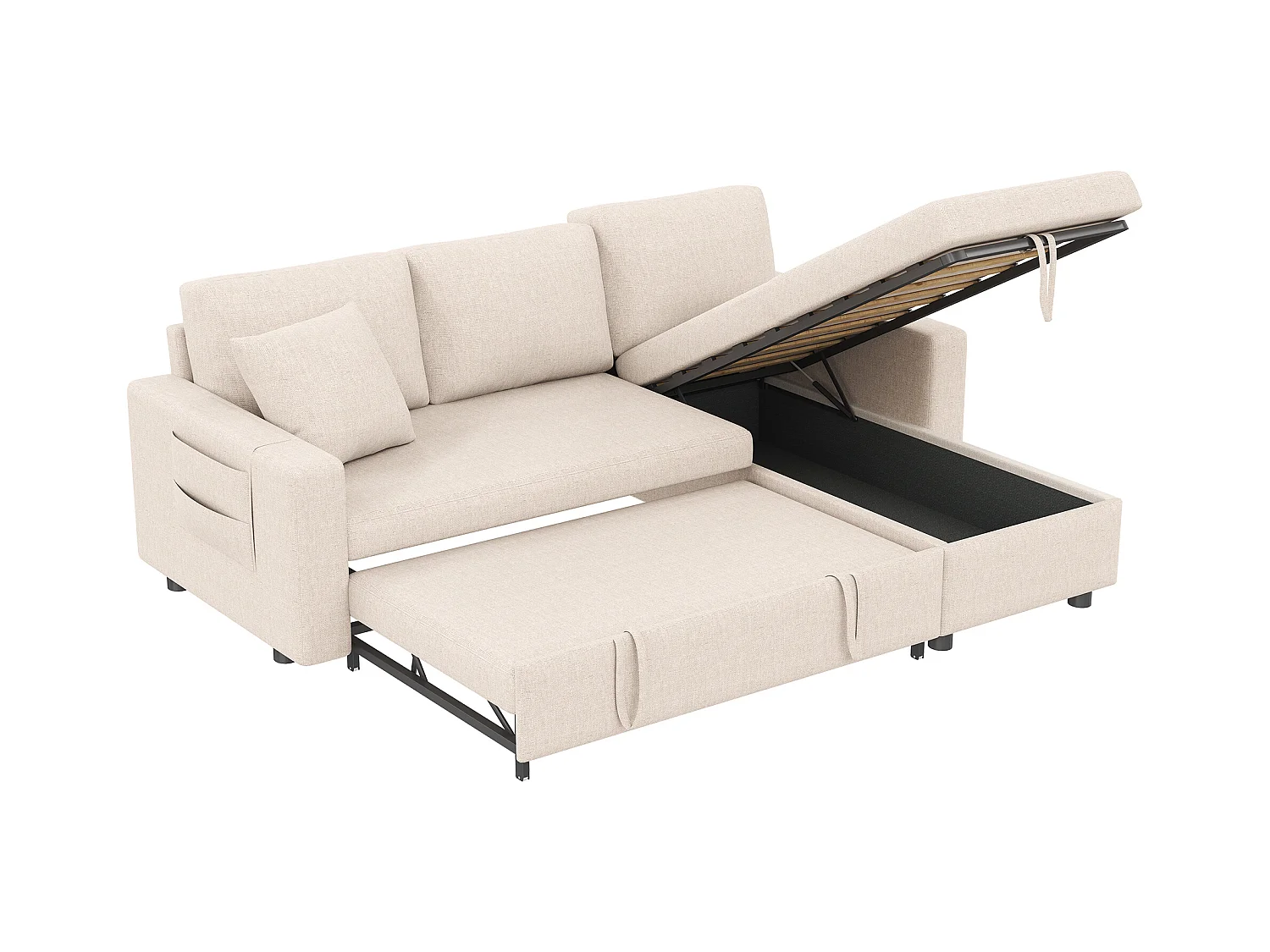 Canapé en L 219.5x142.5x83cm - avec rangement - avec fonction veille - interchangeable gauche et droite - beige