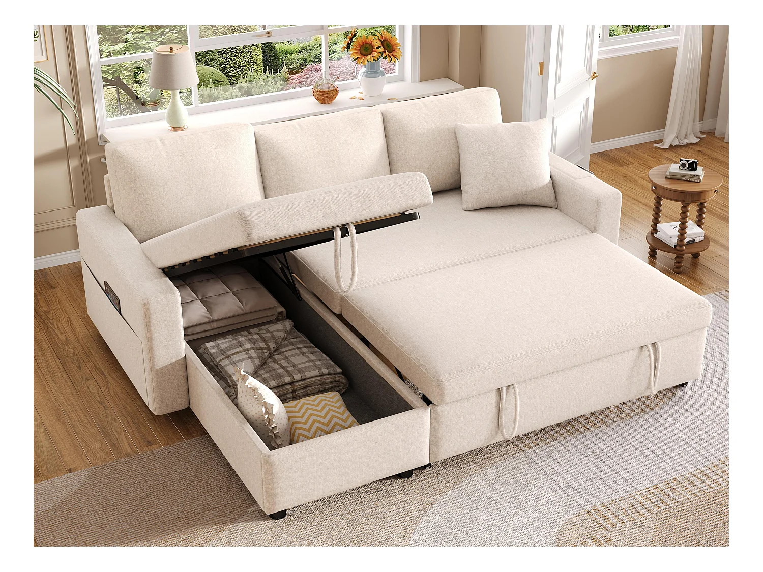Divano a L 219.5x142.5x83cm - con ripostiglio - con funzione riposo - intercambiabile sinistra e destra - beige