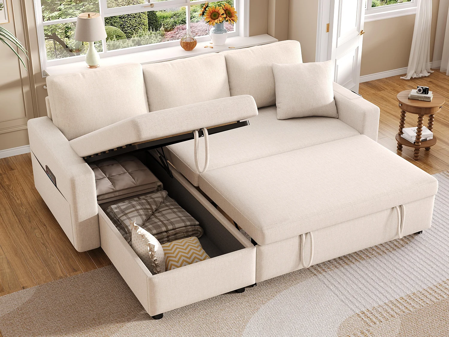 Canapé en L 219.5x142.5x83cm - avec rangement - avec fonction veille - interchangeable gauche et droite - beige