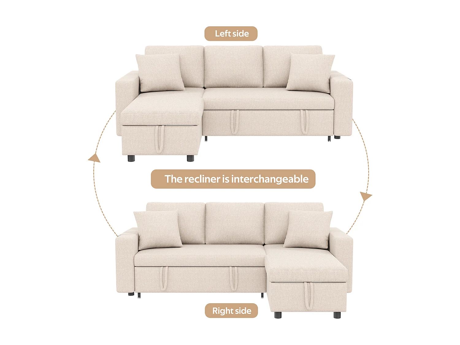 Canapé en L 219.5x142.5x83cm - avec rangement - avec fonction veille - interchangeable gauche et droite - beige