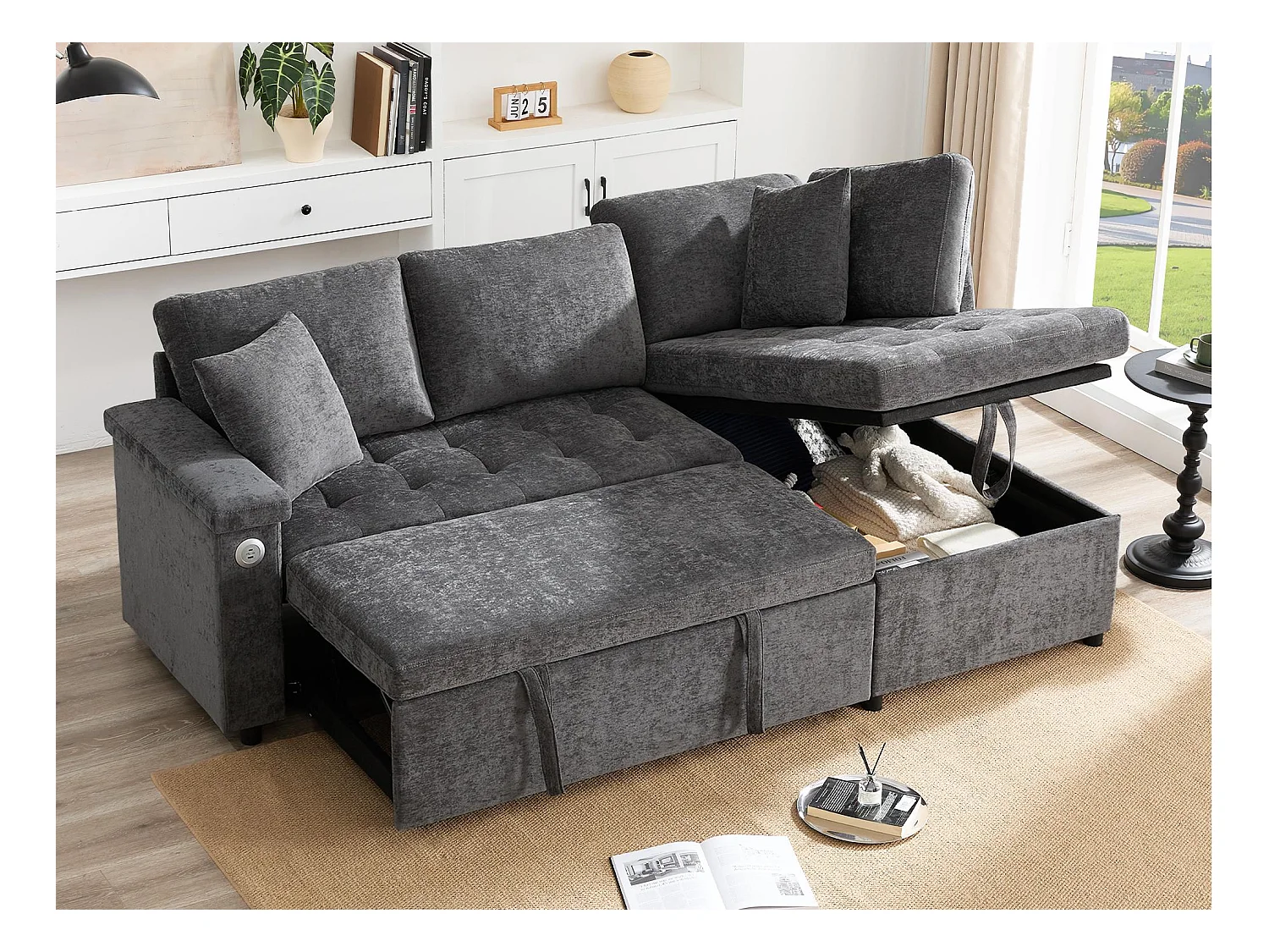 L-vormige bank met uitschuifbaar bed - met opbergruimte - USB-opladen - 2 kussens - Grijs