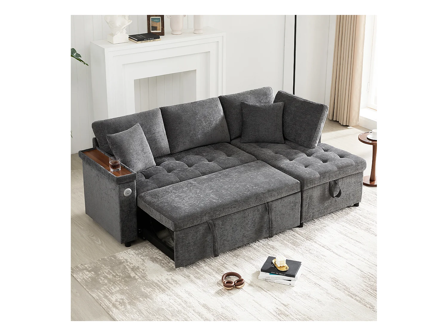 Canapé en L avec canapé-lit gigogne - avec espace de rangement - chargement USB - 2 oreillers - Gris