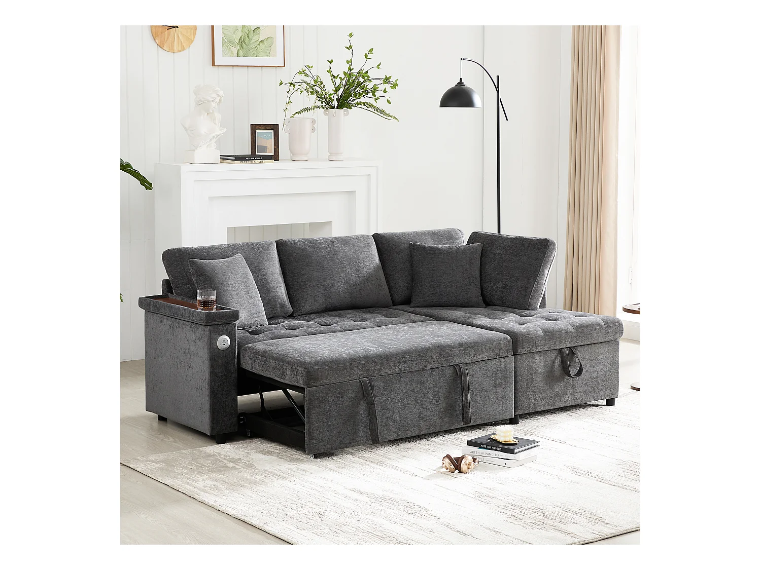 Canapé en L avec canapé-lit gigogne - avec espace de rangement - chargement USB - 2 oreillers - Gris
