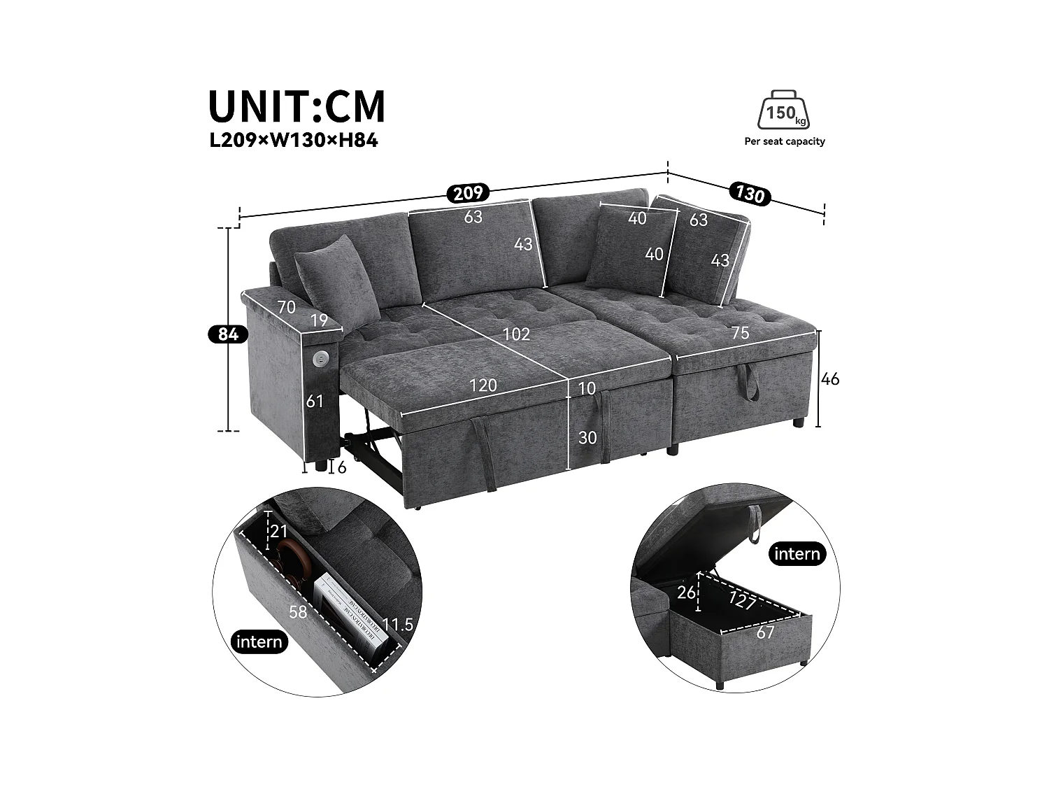 Canapé en L avec canapé-lit gigogne - avec espace de rangement - chargement USB - 2 oreillers - Gris