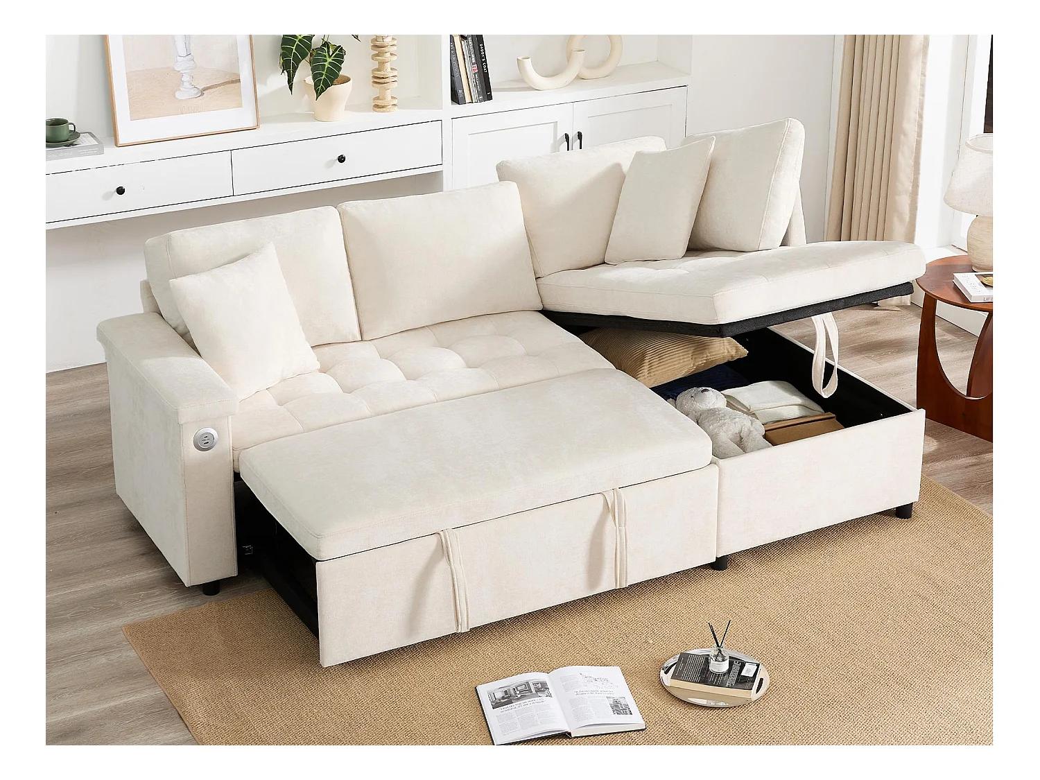 L-vormige bank met uitschuifbaar bed - met opbergruimte - USB-opladen - 2 kussens - Beige