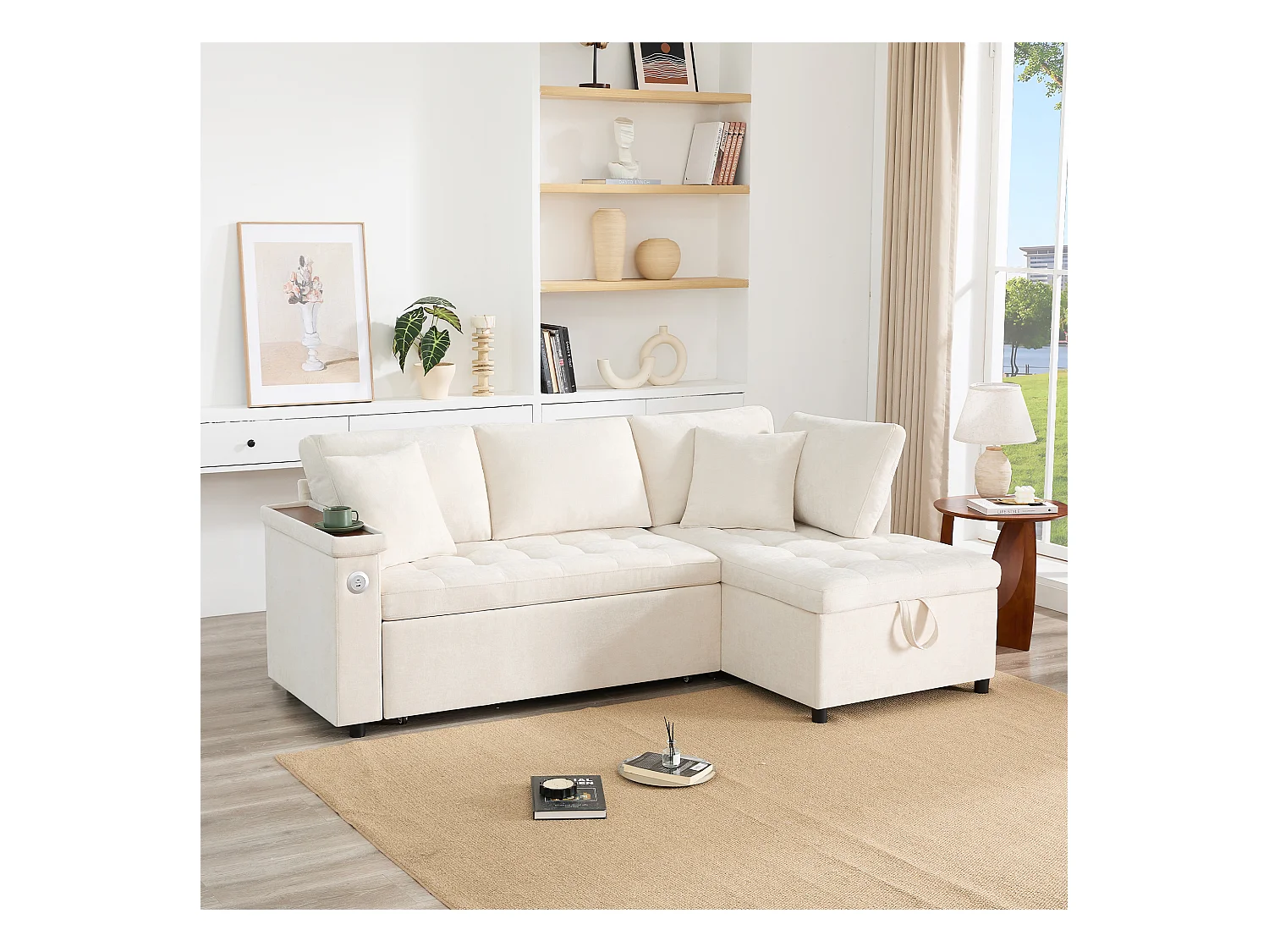 L-vormige bank met uitschuifbaar bed - met opbergruimte - USB-opladen - 2 kussens - Beige