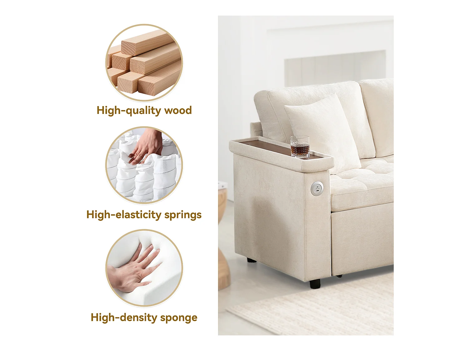 L-vormige bank met uitschuifbaar bed - met opbergruimte - USB-opladen - 2 kussens - Beige