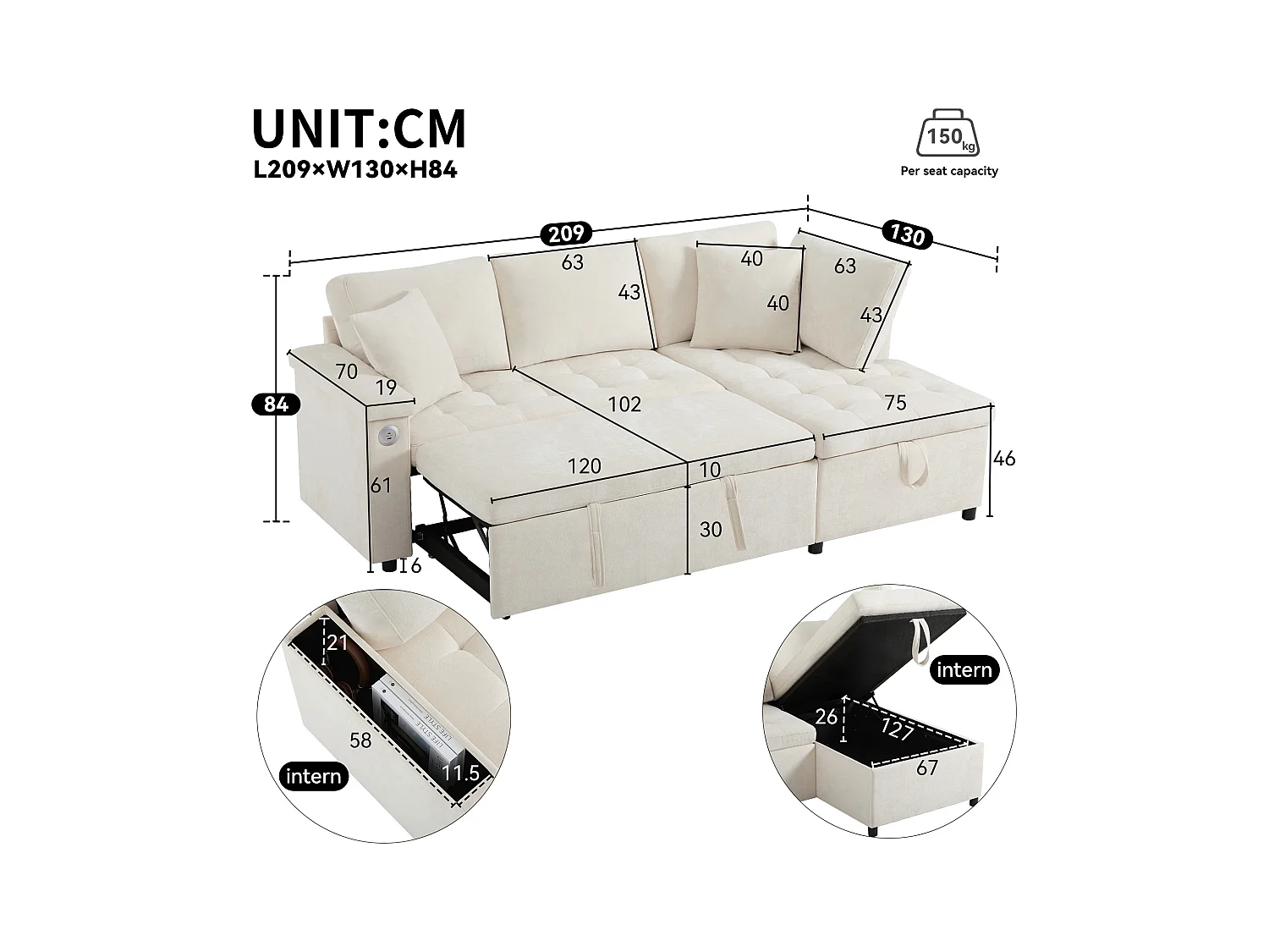 L-vormige bank met uitschuifbaar bed - met opbergruimte - USB-opladen - 2 kussens - Beige