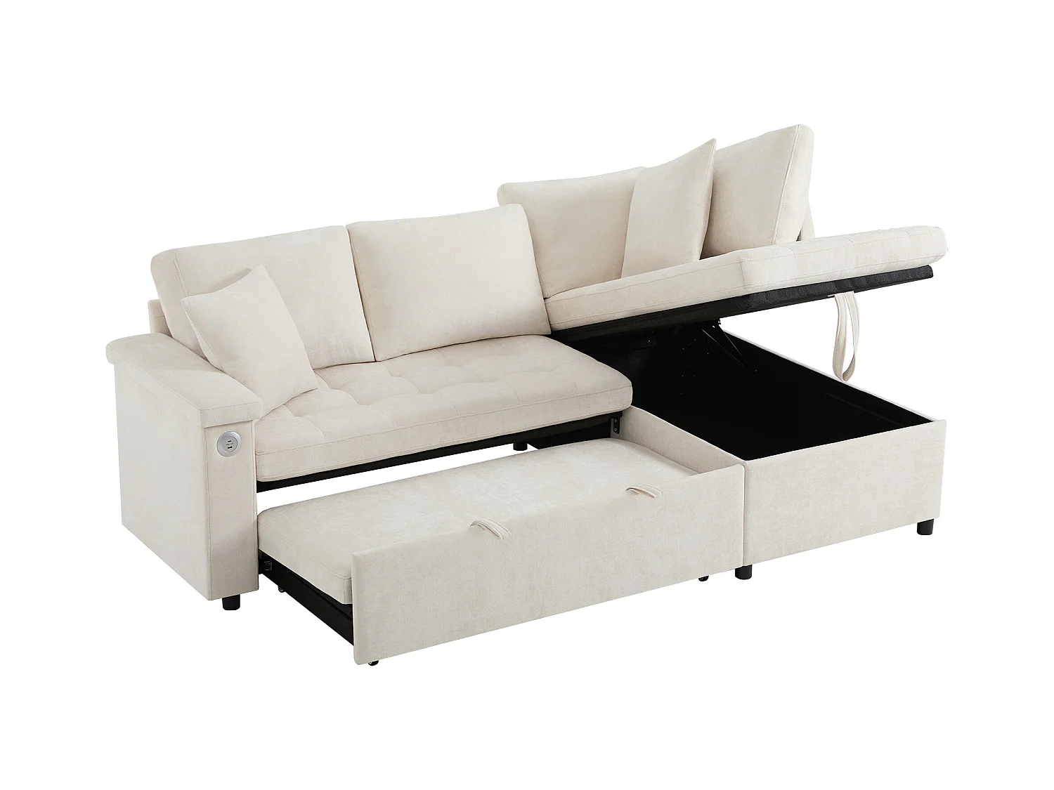 L-vormige bank met uitschuifbaar bed - met opbergruimte - USB-opladen - 2 kussens - Beige