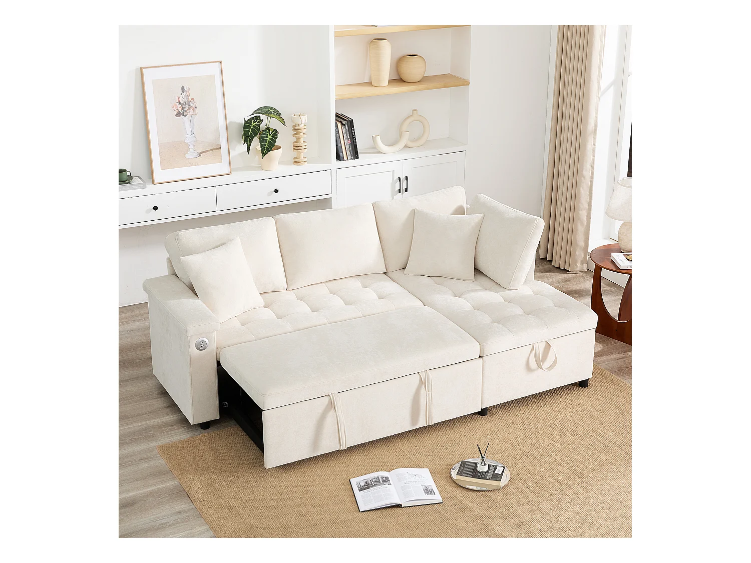 Canapé en L avec canapé-lit gigogne - avec espace de rangement - chargement USB - 2 oreillers - Beige