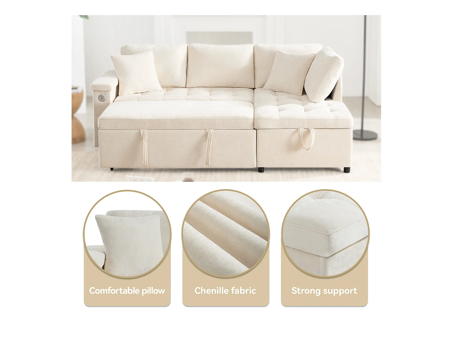 Canapé en L avec canapé-lit gigogne - avec espace de rangement - chargement USB - 2 oreillers - Beige