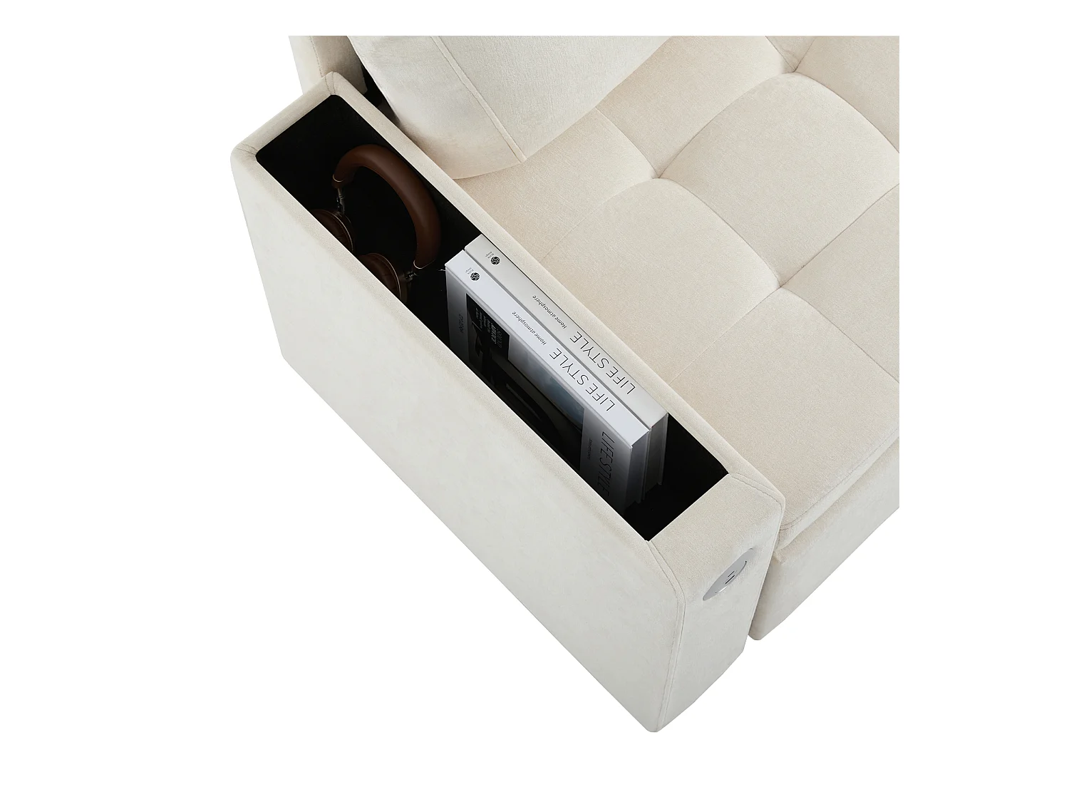 Canapé en L avec canapé-lit gigogne - avec espace de rangement - chargement USB - 2 oreillers - Beige