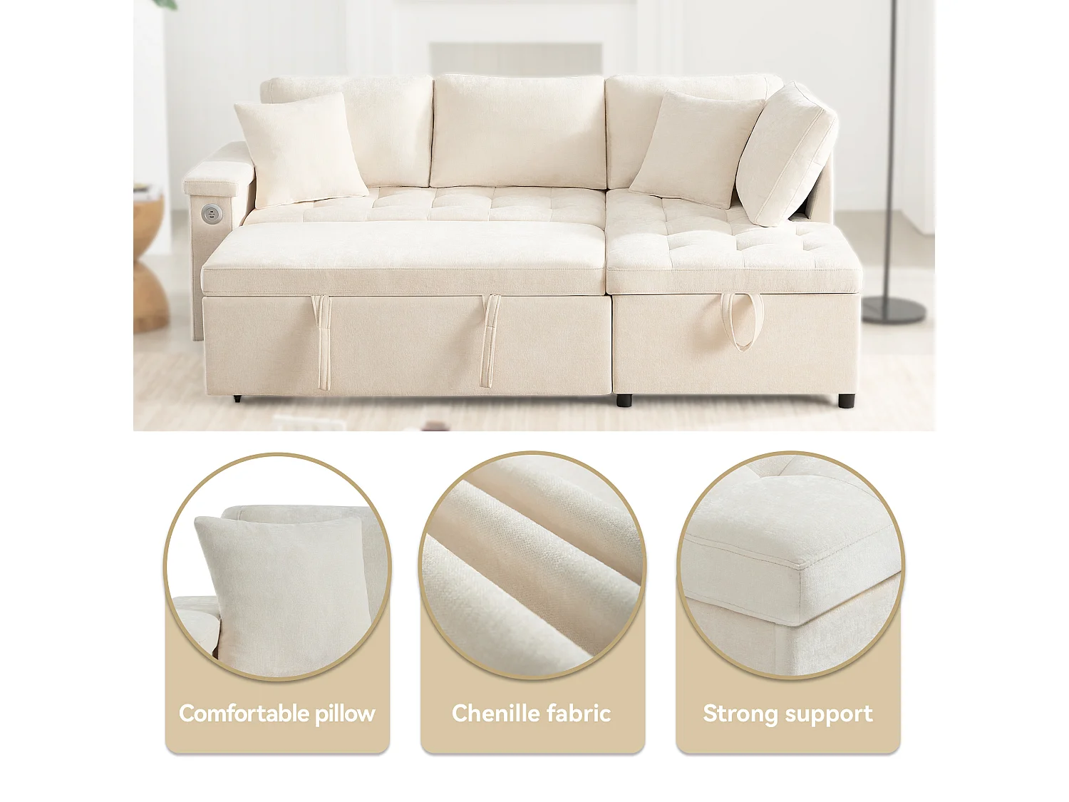L-förmiges Sofa mit ausziehbarer Schlaffunktion - mit Stauraum - USB-Ladefunktion - 2 Kissen - Beige