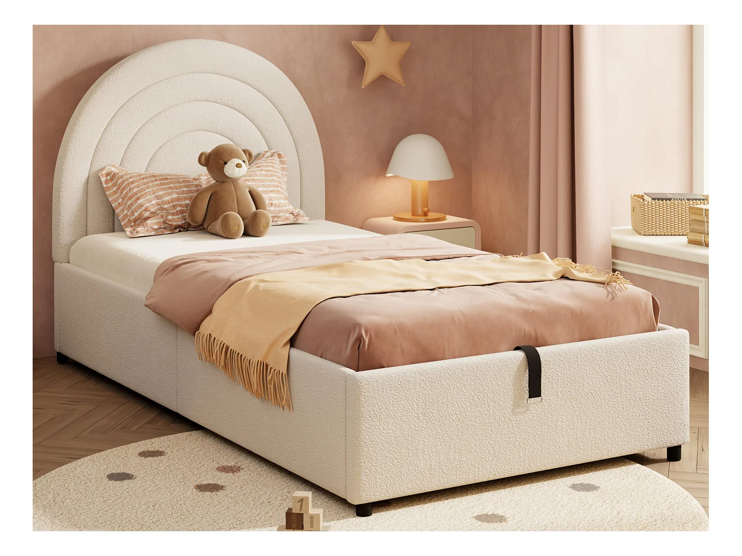 Kinderopbergbed 90x200 cm - hoofdeinde in regenboogvorm - Bouclé velours - Beige (matras niet inbegrepen)