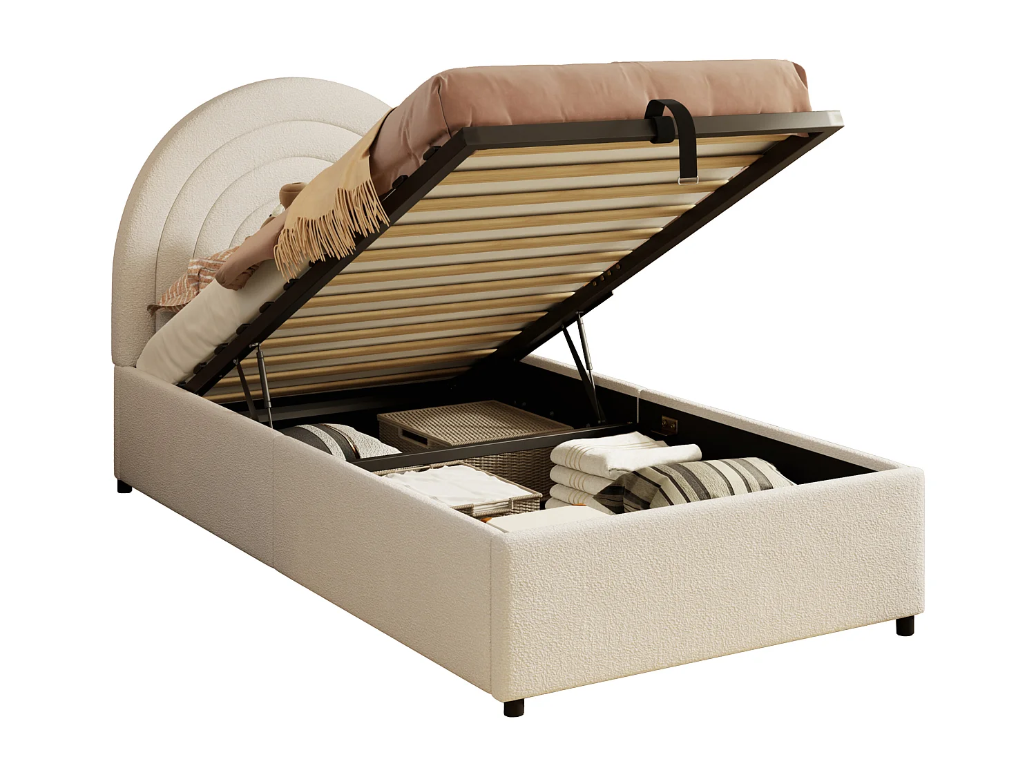 Lit coffre pour enfants 90x200 cm - tête de lit en forme d'arc-en-ciel - Velours bouclé - Beige（matelas non inclus）