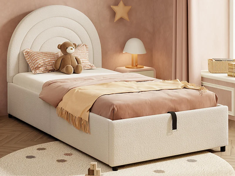 Lit coffre pour enfants 90x200 cm - tête de lit en forme d'arc-en-ciel - Velours bouclé - Beige（matelas non inclus）