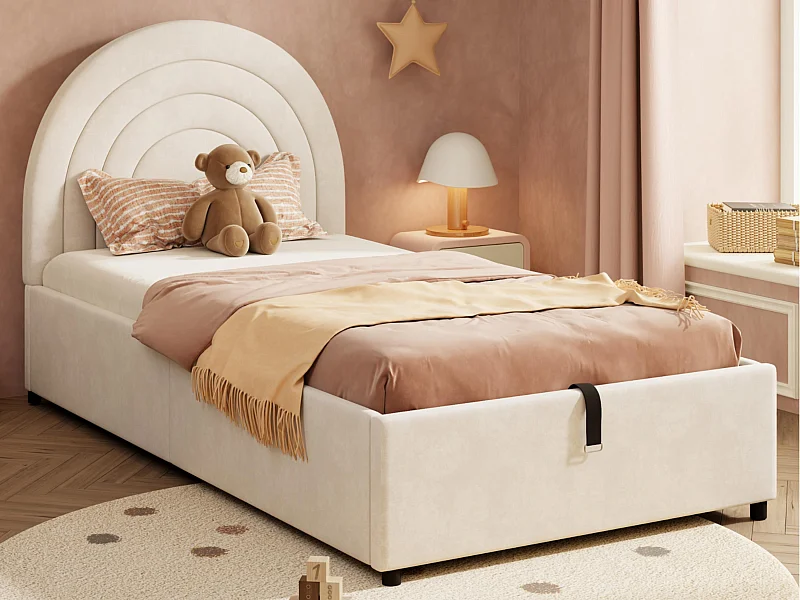 Kinderopbergbed 90x200 cm - hoofdeinde in regenboogvorm - Fluweel - Beige (matras niet inbegrepen)