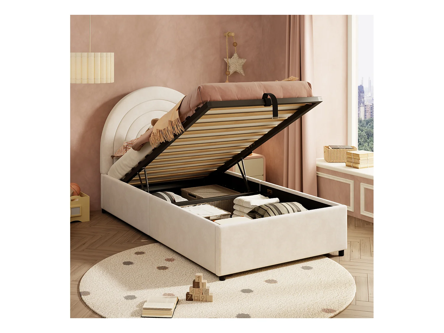 Letto con contenitore per bambini 90x200 cm - testata a forma di arcobaleno - Velluto - Beige (materasso non incluso)