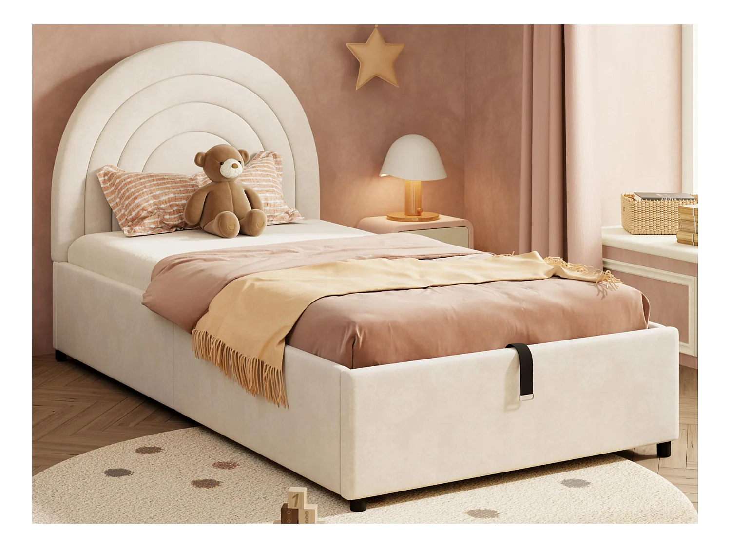 Lit coffre pour enfants 90x200 cm - tête de lit en forme d'arc-en-ciel - Velours - Beige（matelas non inclus）