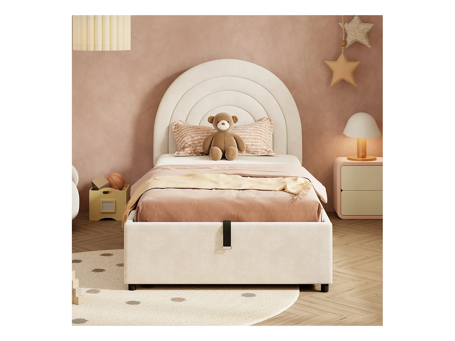 Lit coffre pour enfants 90x200 cm - tête de lit en forme d'arc-en-ciel - Velours - Beige(matelas non inclus)