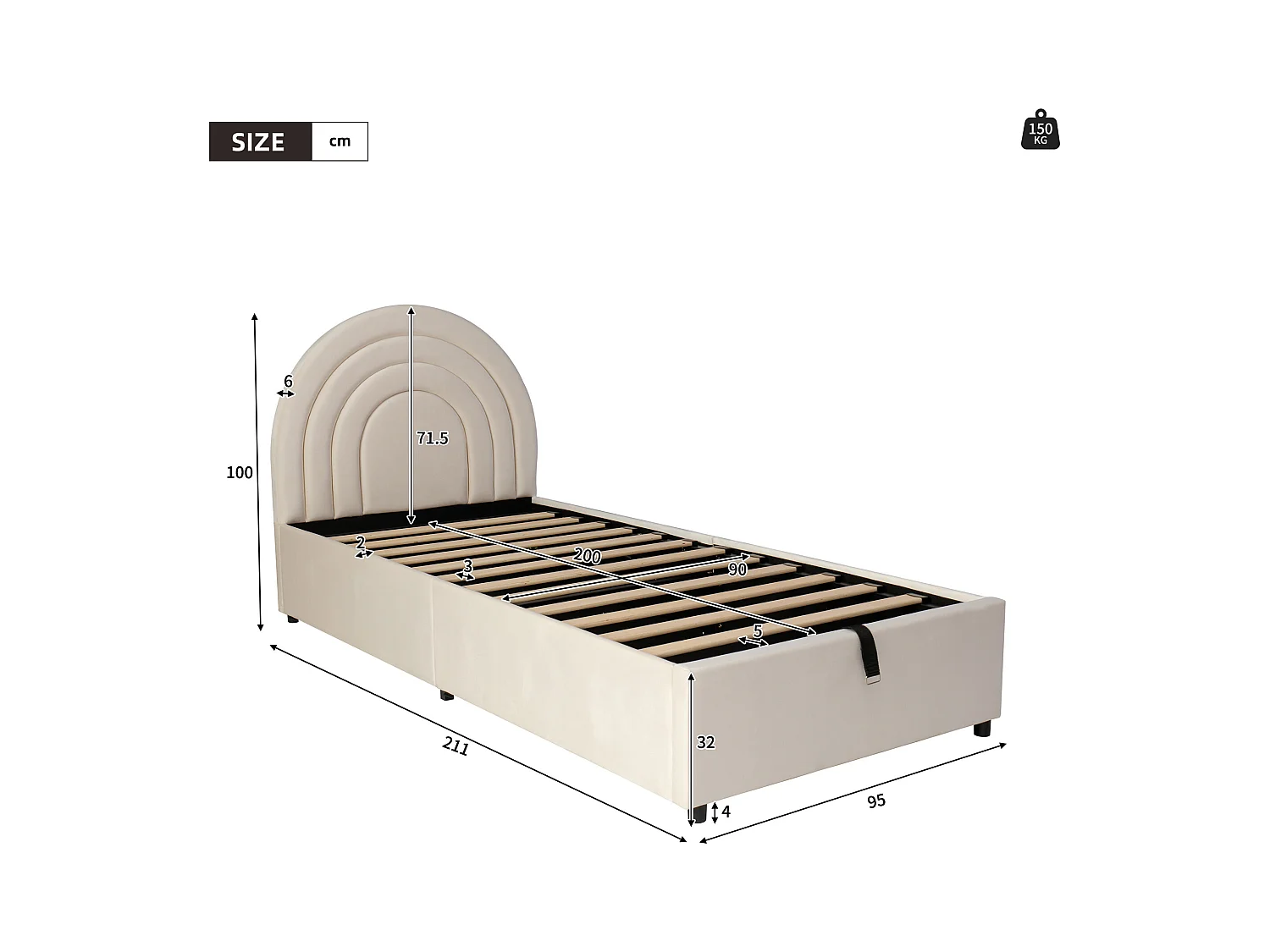 Lit coffre pour enfants 90x200 cm - tête de lit en forme d'arc-en-ciel - Velours - Beige(matelas non inclus)