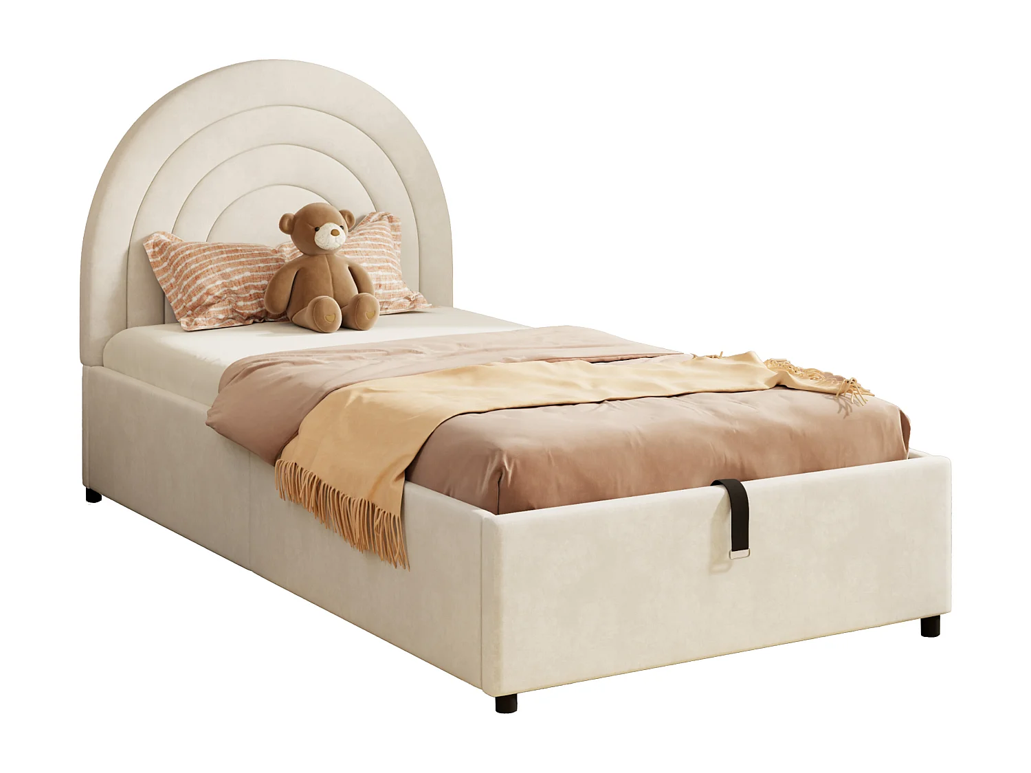 Lit coffre pour enfants 90x200 cm - tête de lit en forme d'arc-en-ciel - Velours - Beige（matelas non inclus）