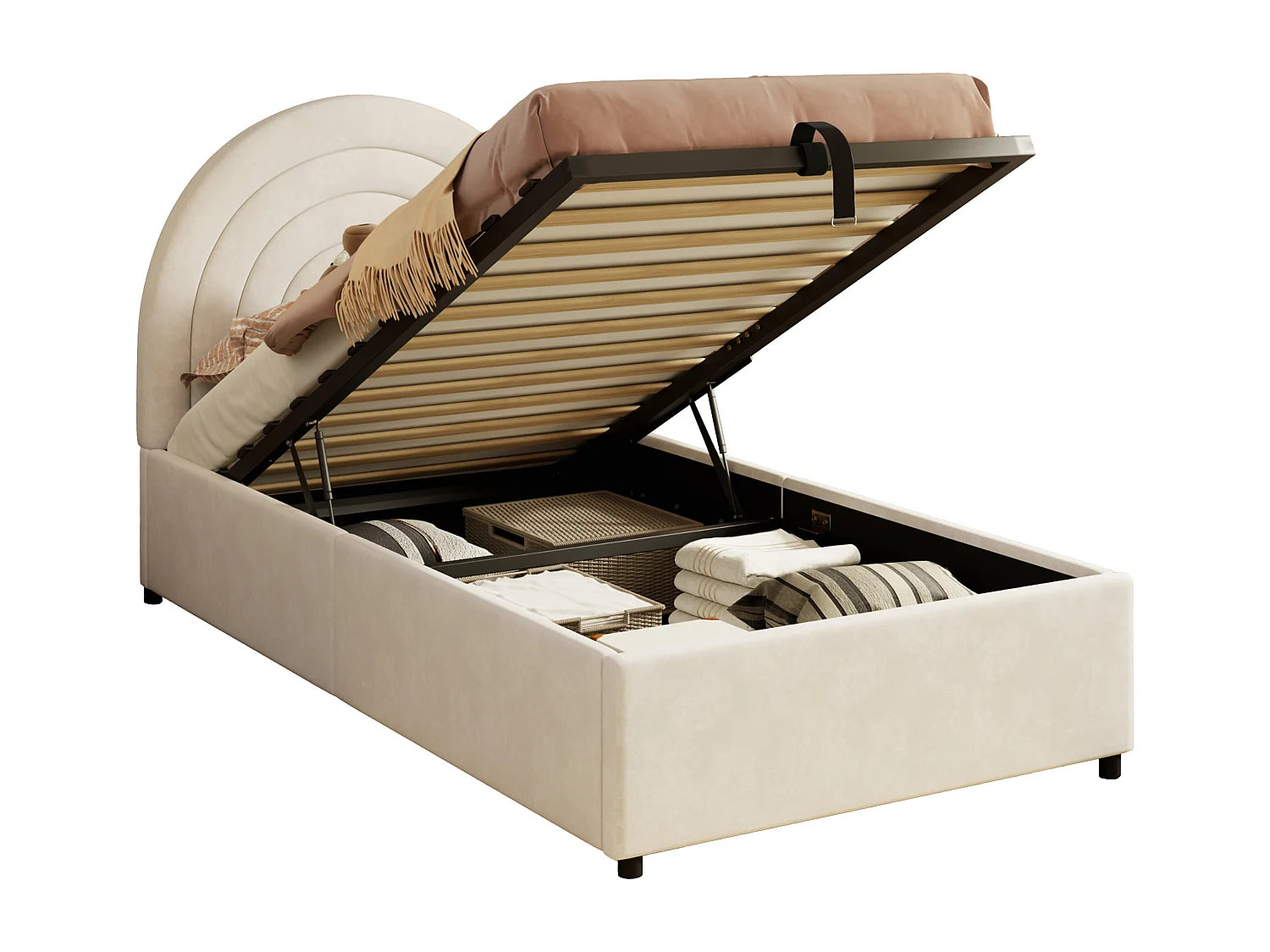 Lit coffre pour enfants 90x200 cm - tête de lit en forme d'arc-en-ciel - Velours - Beige（matelas non inclus）