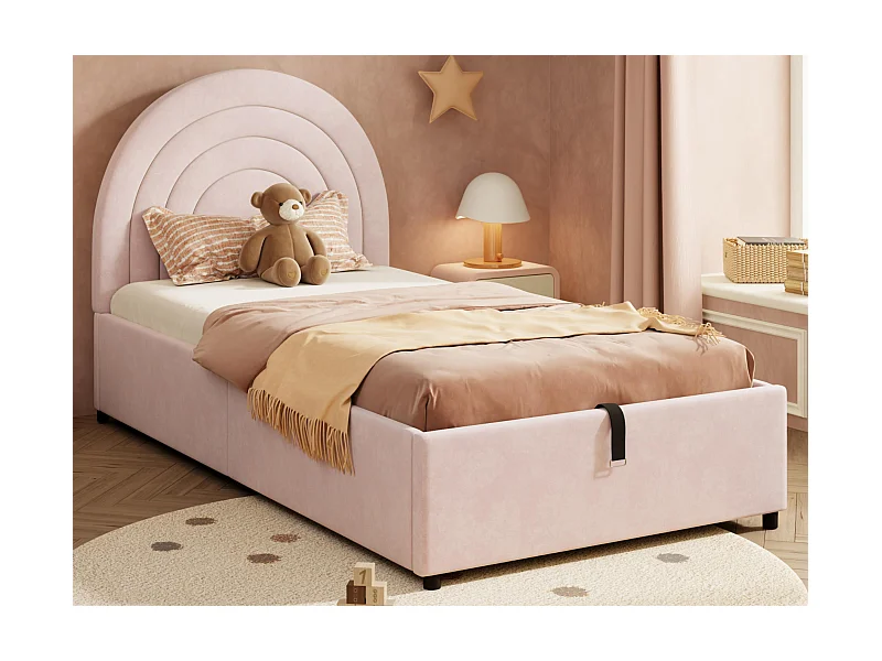 Kinderbett mit Stauraum 90x200 cm - Kopfteil in Regenbogenform - Samt - Rosa (Matratze nicht im Lieferumfang enthalten)