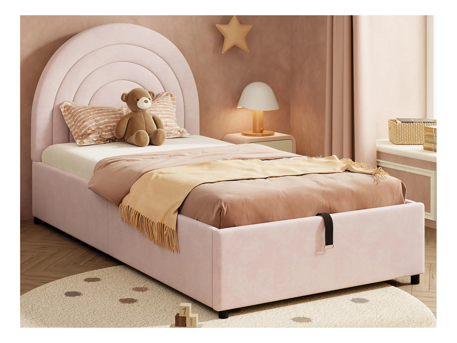 Lit coffre pour enfants 90x200 cm - tête de lit en forme d'arc-en-ciel - Velours - Rose（matelas non inclus）