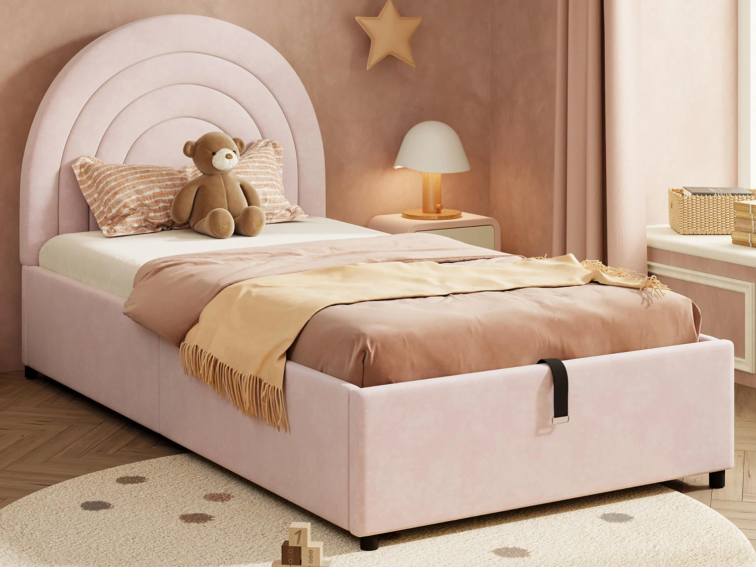 Lit coffre pour enfants 90x200 cm - tête de lit en forme d'arc-en-ciel - Velours - Rose（matelas non inclus）