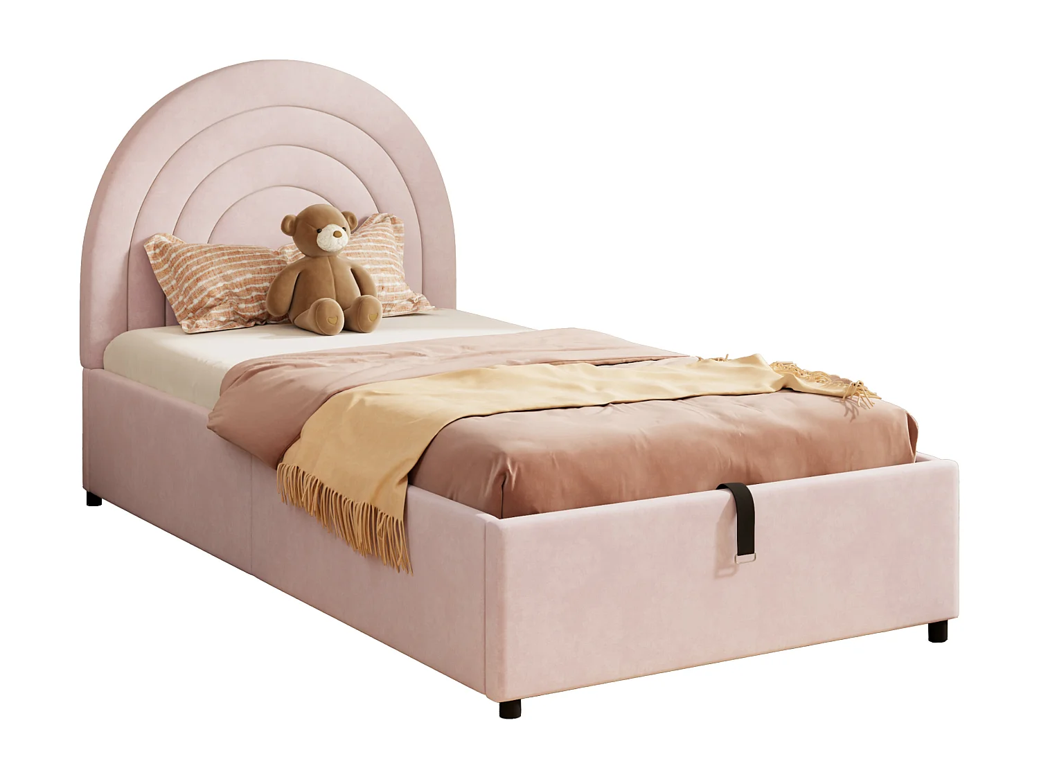Lit coffre pour enfants 90x200 cm - tête de lit en forme d'arc-en-ciel - Velours - Rose（matelas non inclus）