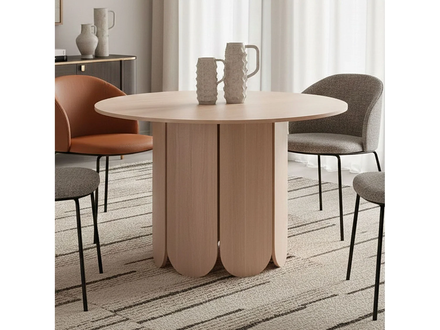 Table ronde style japandi extensible 310cm Tulipa rallonges intégrées Bois clair