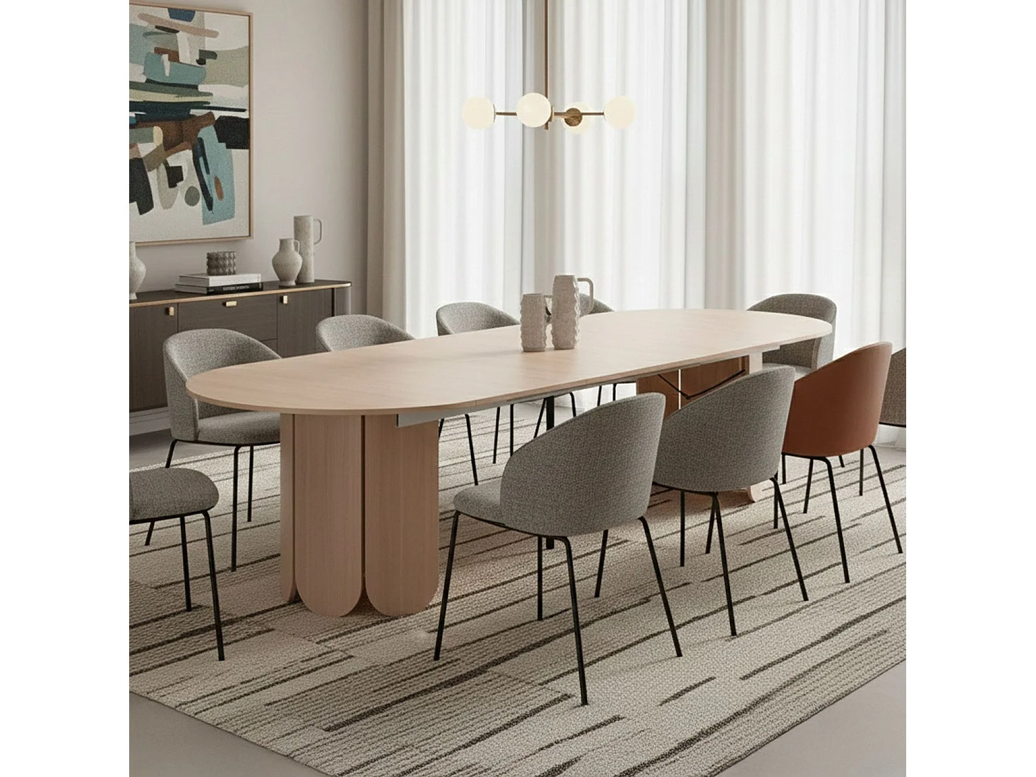 Table ronde style japandi extensible 310cm Tulipa rallonges intégrées Bois clair