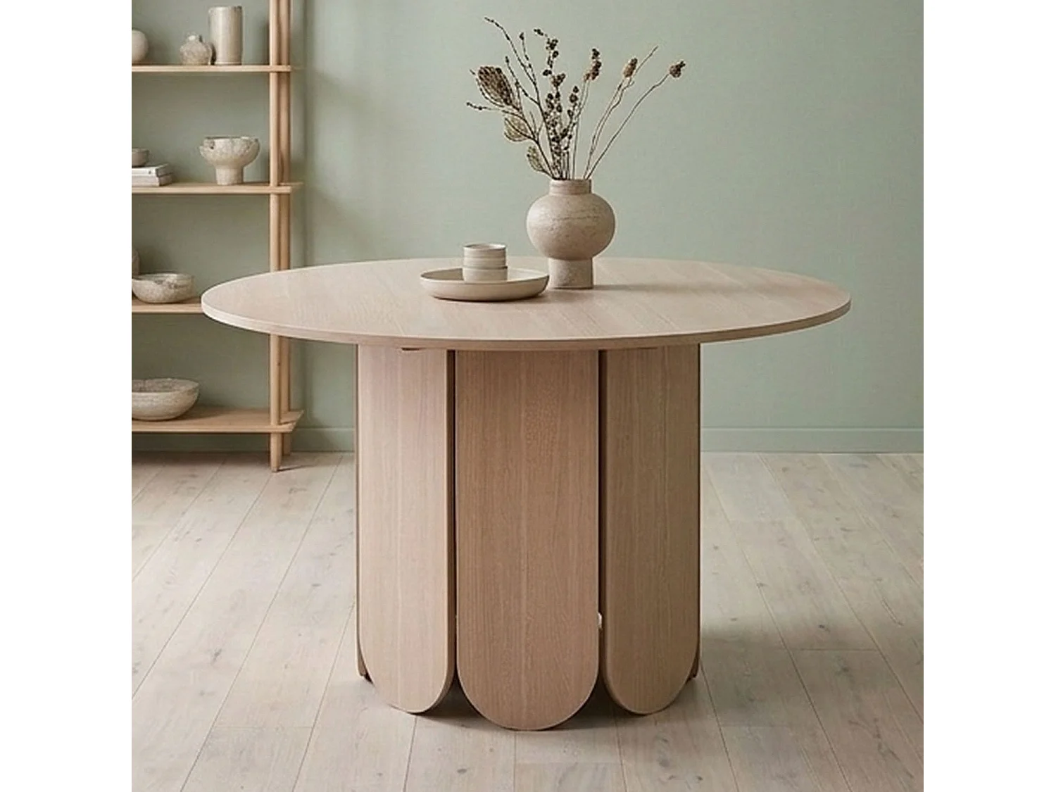 Table ronde style japandi extensible 310cm Tulipa rallonges intégrées Bois clair