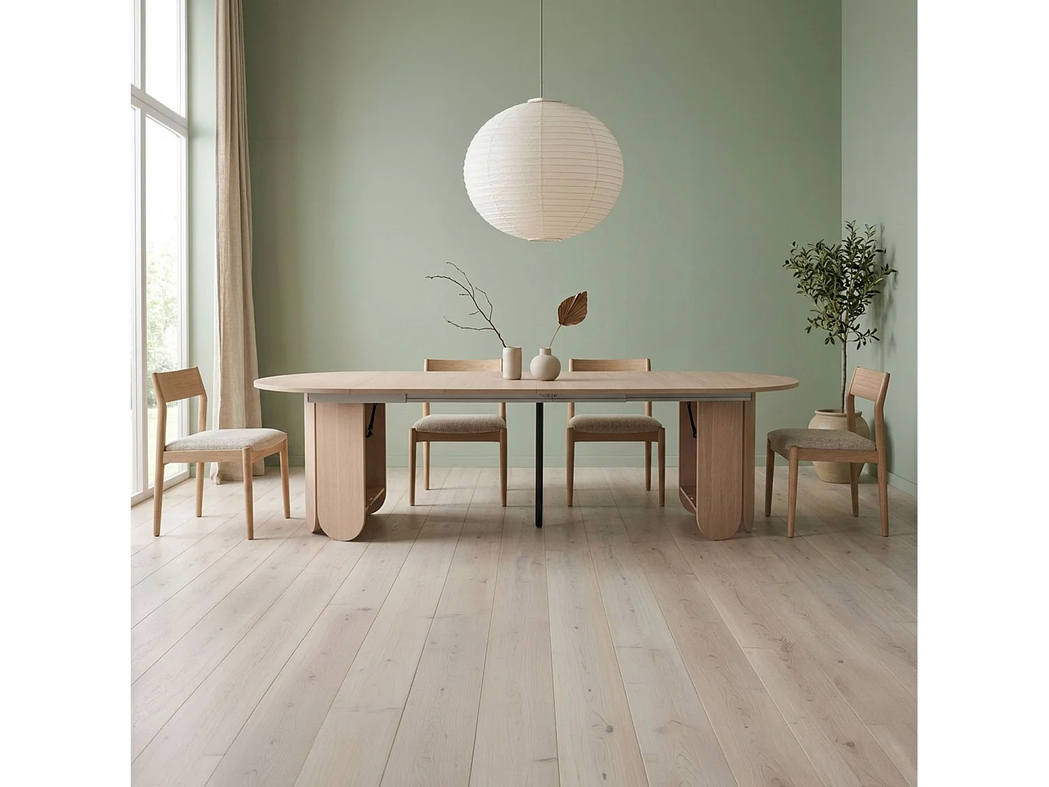 Table ronde style japandi extensible 310cm Tulipa rallonges intégrées Bois clair