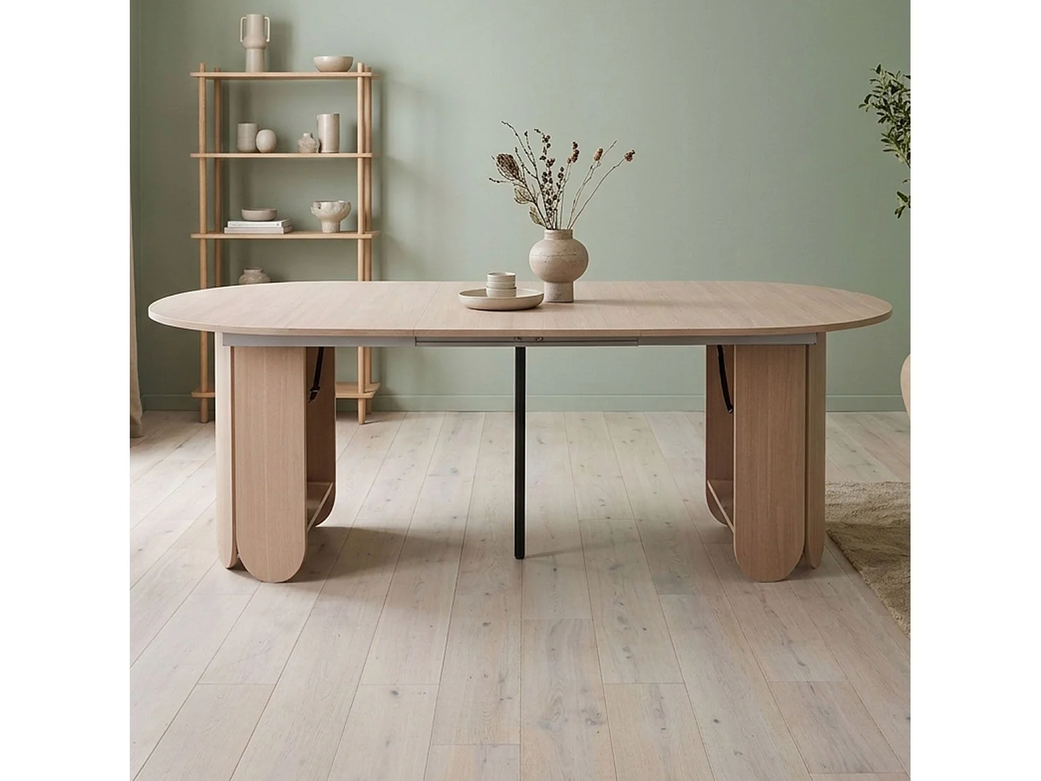 Table ronde style japandi extensible 310cm Tulipa rallonges intégrées Bois clair