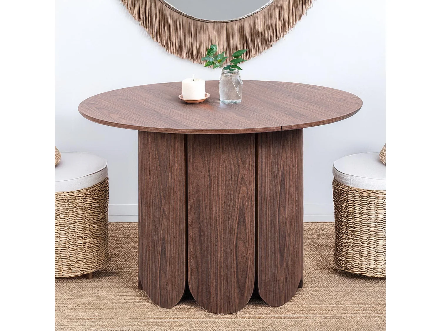 Table ronde style japandi extensible 310cm Tulipa rallonges intégrées Bois noisette