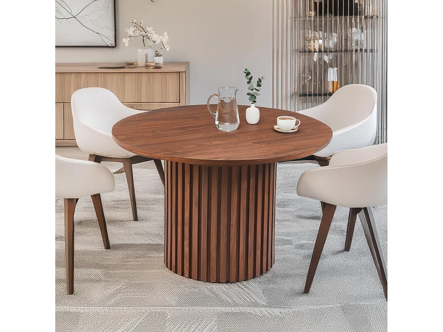 Table ronde extensible pied central style colonne Burkina 120-160cm Bois Noisette