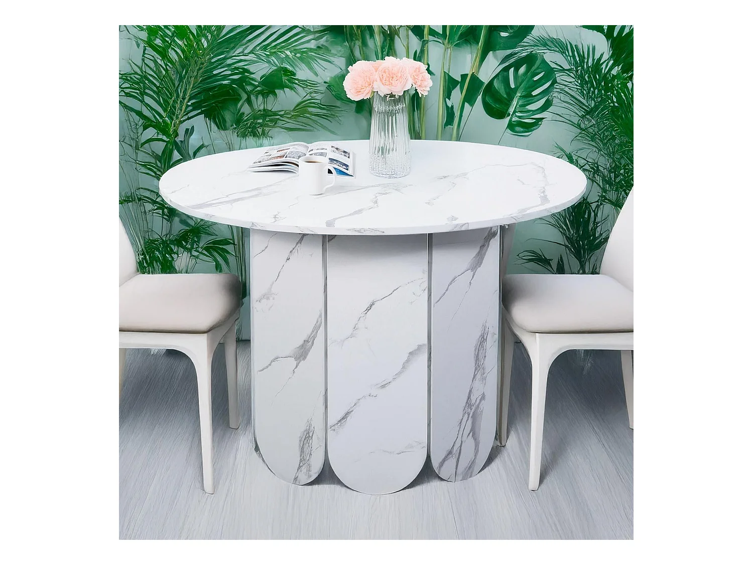 Table ronde style japandi extensible 310cm Tulipa rallonges intégrées Effet marbre Blanc