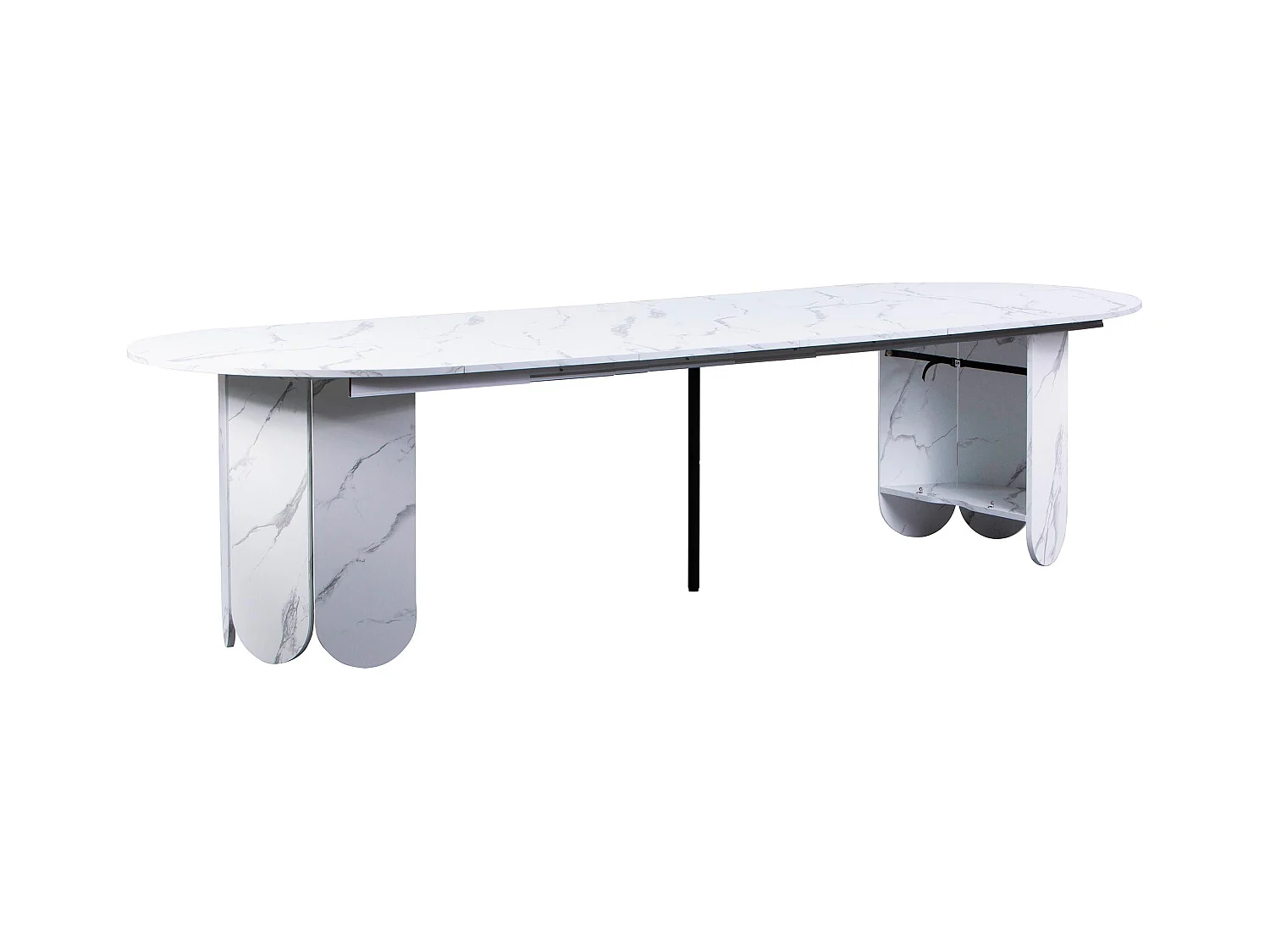 Table ronde style japandi extensible 310cm Tulipa rallonges intégrées Effet marbre Blanc
