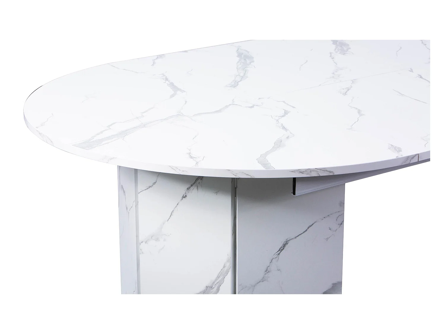 Table ronde style japandi extensible 310cm Tulipa rallonges intégrées Effet marbre Blanc