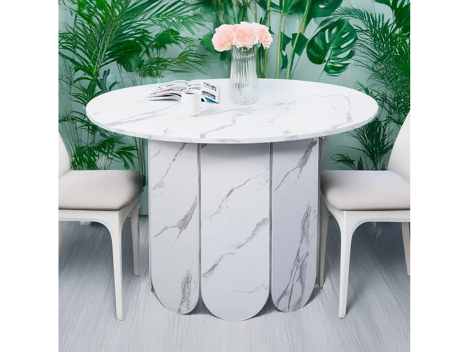 Table ronde style japandi extensible 310cm Tulipa rallonges intégrées Effet marbre Blanc