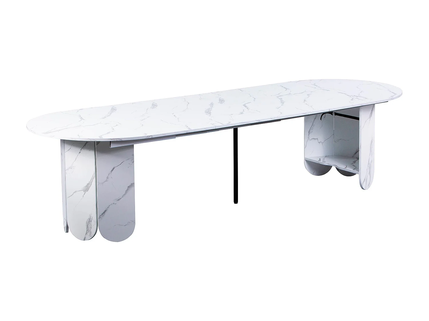 Table ronde style japandi extensible 310cm Tulipa rallonges intégrées Effet marbre Blanc