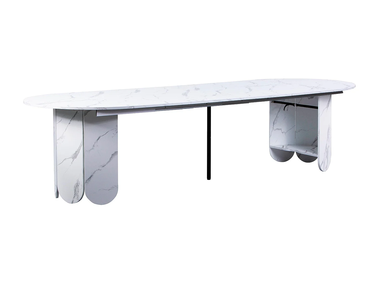 Table ronde style japandi extensible 310cm Tulipa rallonges intégrées Effet marbre Blanc