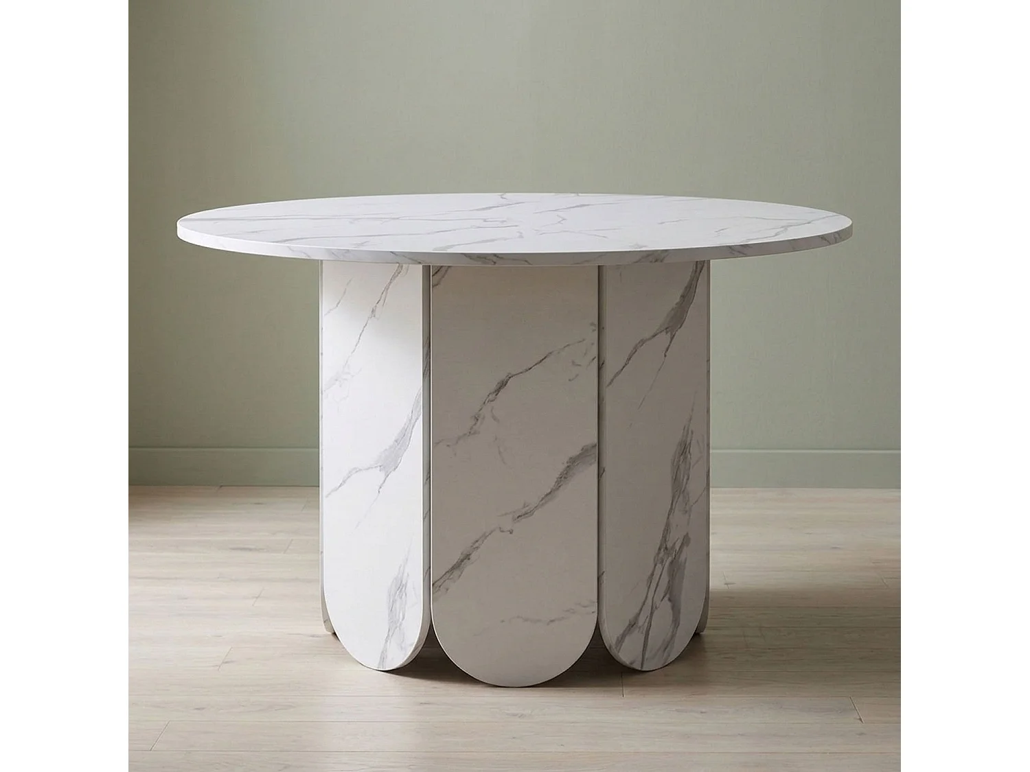 Table ronde style japandi extensible 310cm Tulipa rallonges intégrées Effet marbre Blanc