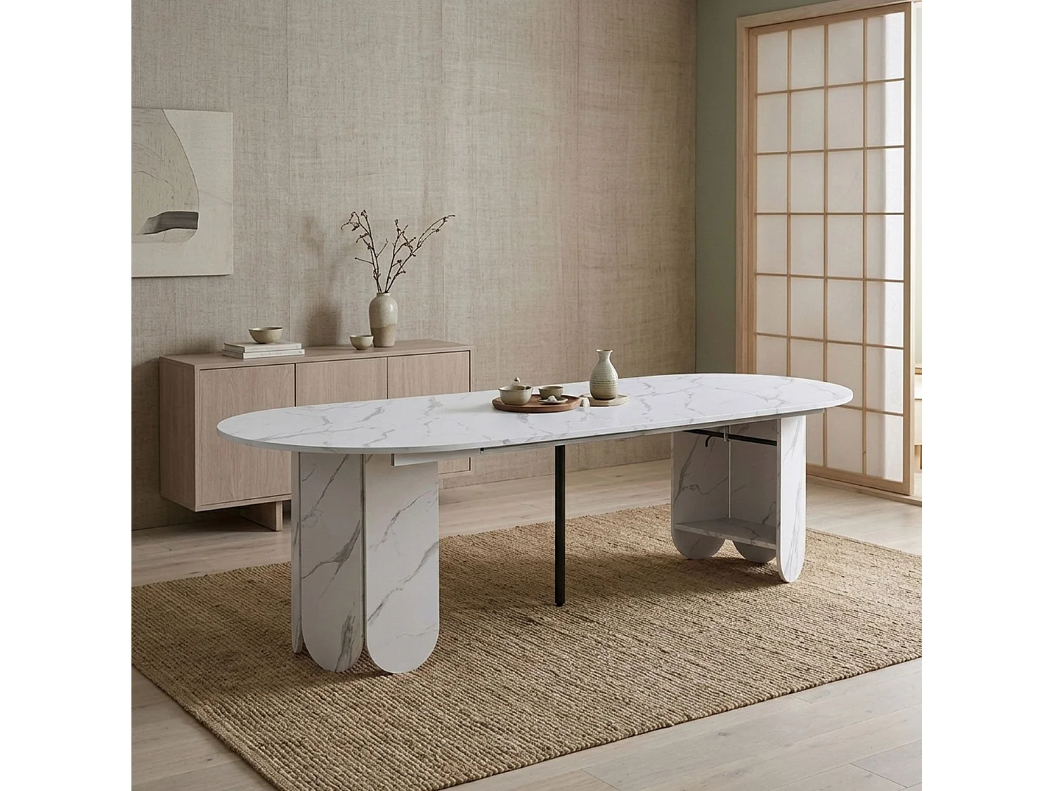 Table ronde style japandi extensible 310cm Tulipa rallonges intégrées Effet marbre Blanc